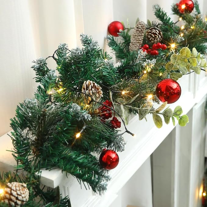 Garland Christmas Decorations, 9ft Christmas Garland with Pine for Mantle Table Stair Cedar Garland Christmas Decorations Indoor Outdoor Xmas Party Home Decor