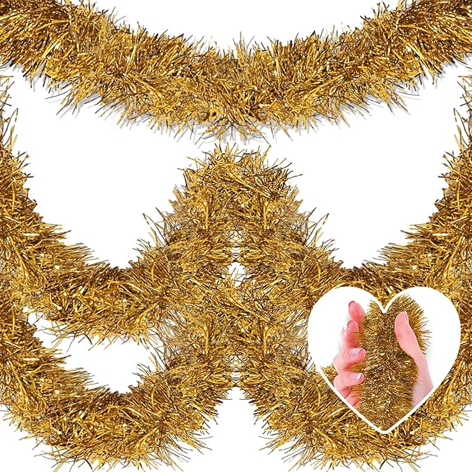 50 Feet Christmas Tinsel Garland, Metallic Twist Garland Wall Hanging Tinsel Garland Backdrop for Parade Floats, Carnival, Birthday, Wedding, New Year Party Decorations (Champagne Gold, 2in x 50ft)