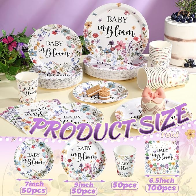 Hsei 250 Pcs Baby in Bloom Baby Shower Decorations Wildflower Plates and Napkins Set Floral Party Tableware Set for 50 Guests Floral Disposable Plates Napkins Cups for Birthday Party Supplies