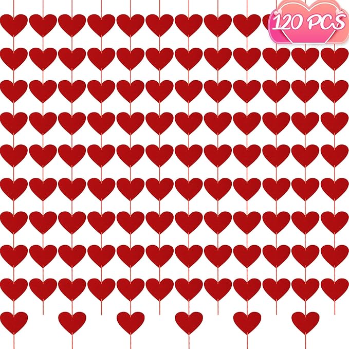 120PCS Felt Hearts, 12PCS Heart Banner, No DIY Hanging Heart Banner Indoor Outdoor Red Garland Heart Party Decor for Wall Window Door Fireplace