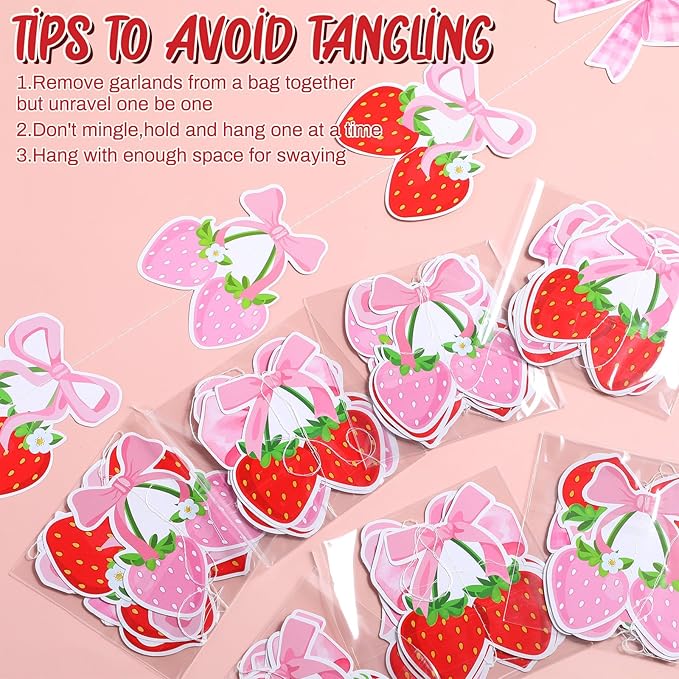 Xinnun Pink Bow Strawberry Party Decorations Pink Bow Hanging Banners Berry Sweet Banner Decor Bowknot Theme Streamer for Summer Birthday Bridal Engagement Bachelorette Wedding Party Decor(Strawberry)