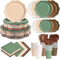 350 Pcs Woodland Baby Shower Party Supplies Set - Sage Green and Brown Paper Plates and Napkins Set Include Scalloped Paper Plate Napkin Cup Spoon Fork Knife for Safari Jungle Baby Shower Decorations