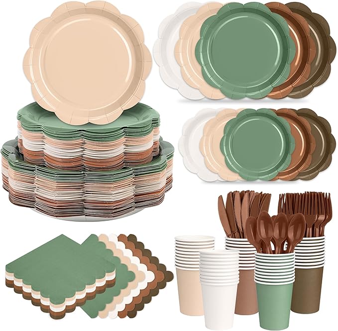 350 Pcs Woodland Baby Shower Party Supplies Set - Sage Green and Brown Paper Plates and Napkins Set Include Scalloped Paper Plate Napkin Cup Spoon Fork Knife for Safari Jungle Baby Shower Decorations