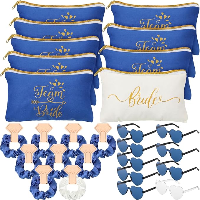 Sweetude 27 Pcs Bridesmaid Proposal Gift Bride Cosmetic Makeup Bags Bridal Hair Scrunchies Ties Heart Shape Sunglasses for Wedding Bachelorette Party Favor(Blue, White)