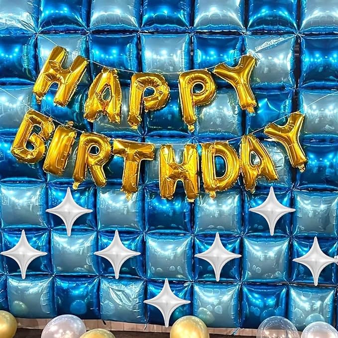 32PCS Navy Blue Light Blue Square Foil Balloons Wall with Silver Star Foil Balloon, Double Sided Metallic Blue Silver Balloon Backdrop Tunnel Arch for Under the Sea Ocean Birthday Graduate Baby Shower