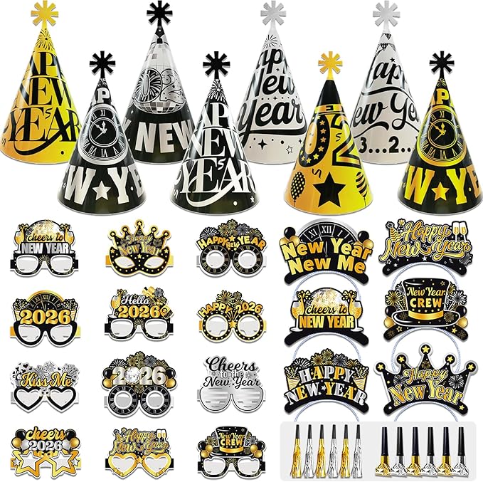 New Years Eve Party Supplies 2026, 42pcs Happy New Year Party Favors Set- New Years Paper Hats, 2026 New Year Headband, Eyeglasses, Blowouts for New Year's Eve Party