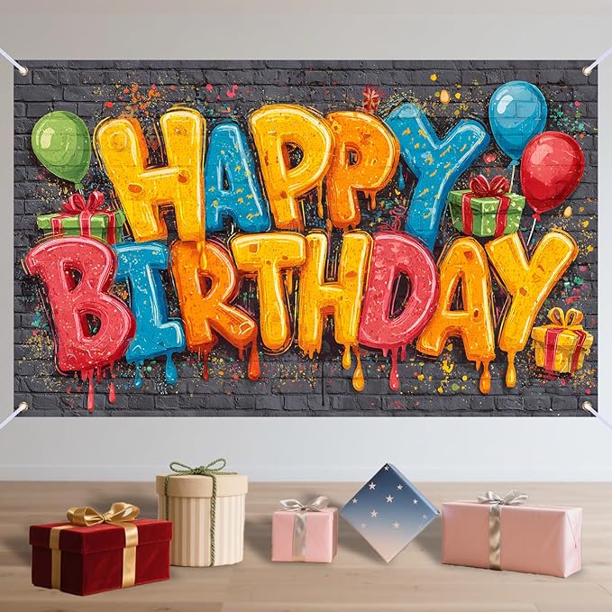 Nuxovilar Happy Birthday Yard Banner - 71x43 inches, Graffiti-Inspired Design Decorations Large Happy Birthday Banner Outdoor & Indoor Backdrop