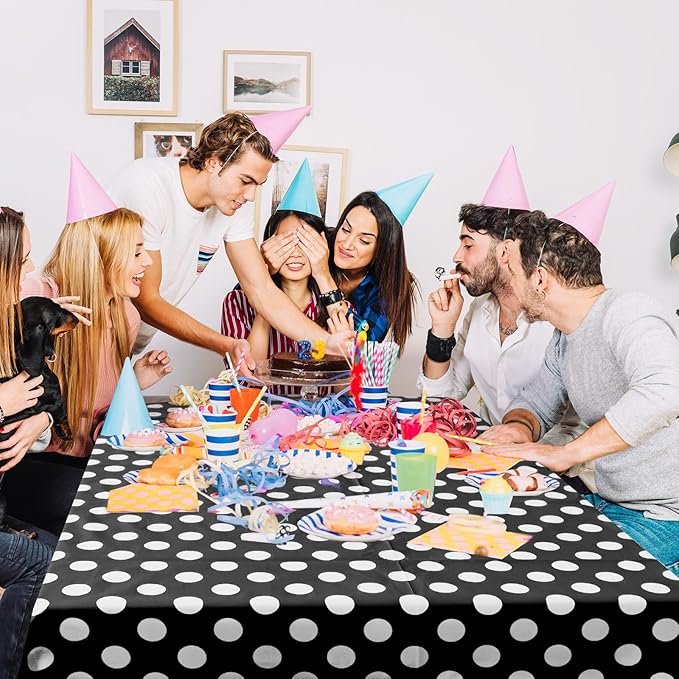 1 Piece Black Polka Dot Rectangle Tablecloth - 54x72" Decorative & Stain Resistant Table Cloth with Polka Dot Pattern, Table Cover for Halloween, Dining, Buffet, Wedding, Camping, Party