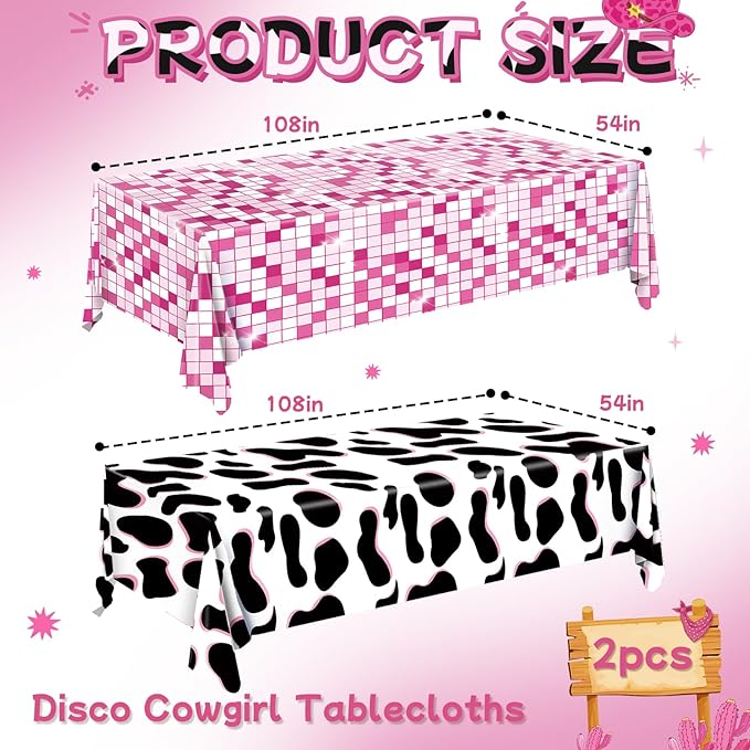 2Pcs Cow Print Tablecloth, Cowgirl Birthday Party Decorations, Waterproof Plastic Disco Table Cloth for Disco Pink Cowgirl Decorations Supplies 54X108inch