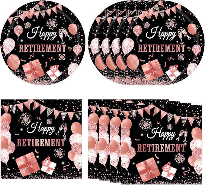 40PCS Happy Retirement Party Decorations Kit for Women Black and Rose Retirement Plates and Napkins Sets Disposable Dinnerware Party Supplies