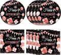 40PCS Happy Retirement Party Decorations Kit for Women Black and Rose Retirement Plates and Napkins Sets Disposable Dinnerware Party Supplies