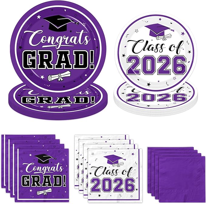 Graduation Party Plates and Napkins Purple Class of 2026 Grad Congrats Party Supplies Disposable Dessert Paper Plates Cocktail Napkins forGraduation Party Decorations,Serve 50