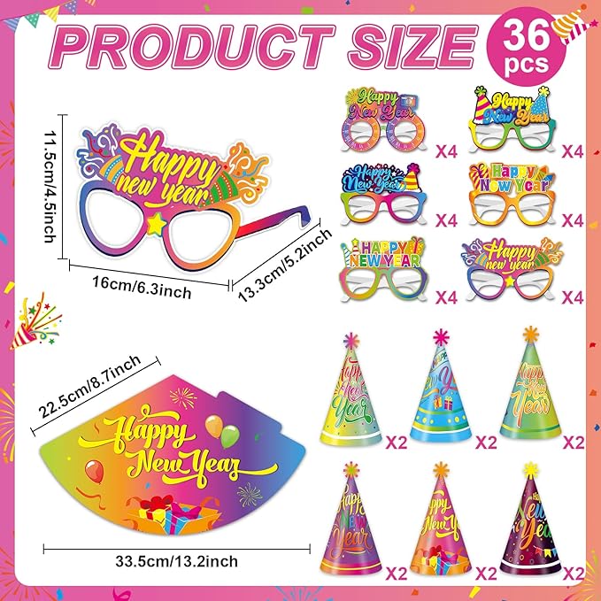 36 Pcs Happy New Year Party Favors 2026 Neon New Year Eve Party Supplies for Adults & Kids,12 Neon Cone Hats and 24 Paper Glasses Fun Decoration Props for NYE Decorations