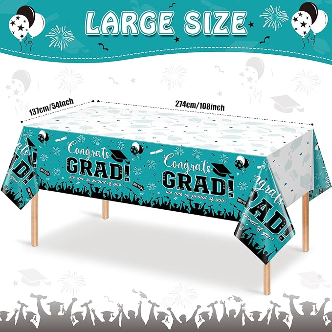 3 Pack Graduation Tablecloth Party Decorations, Class of 2026 Congrats Grad Plastic Tablecover Party Supplies, Teal Rectangle Graduation Table Decorations for College High School, 54 x 108 Inch