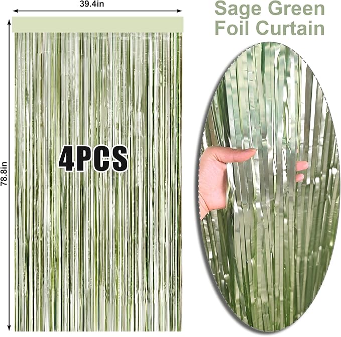 4 Packs Sage Green Foil Fringe Curtain, Light Green Glitter Metallic Tinsel Backdrop for Boho Birthday Wedding Bridal Baby Shower Engagement Martini Party Decorations Supplies