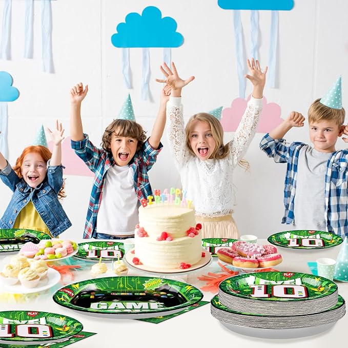 96Pcs 10th Birthday Video Game Party Supplies Green Video Game Paper Plates and Napkins Tableware Sets Video Game Birthday Decorations for Kids Boys 10th Birthday Gamer Gaming Party Serves 24
