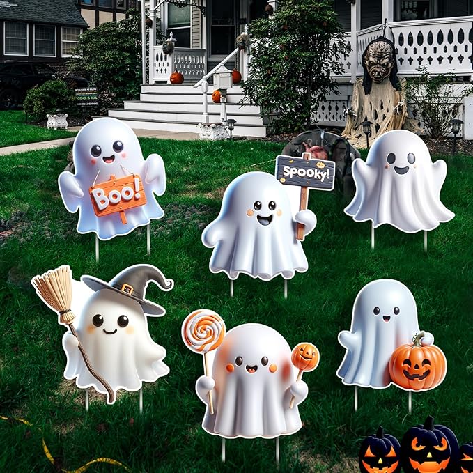 6 Pcs Halloween Ghost Yard Signs Lawn Outdoor Decorations 3D Ghost Yard Stakes for Halloween Home Front Yard Garden Party Supplies(Classic)