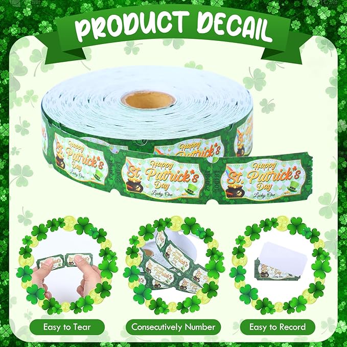 Cholemy 1000 Pcs St. Patrick's Day Party Favors Shamrocks Raffle Tickets Roll Green Numbered Door Drinks Game Ticket for Irish Saint Patty's Day Carnival Party Decorations Supplies(st. Patrick's Day)