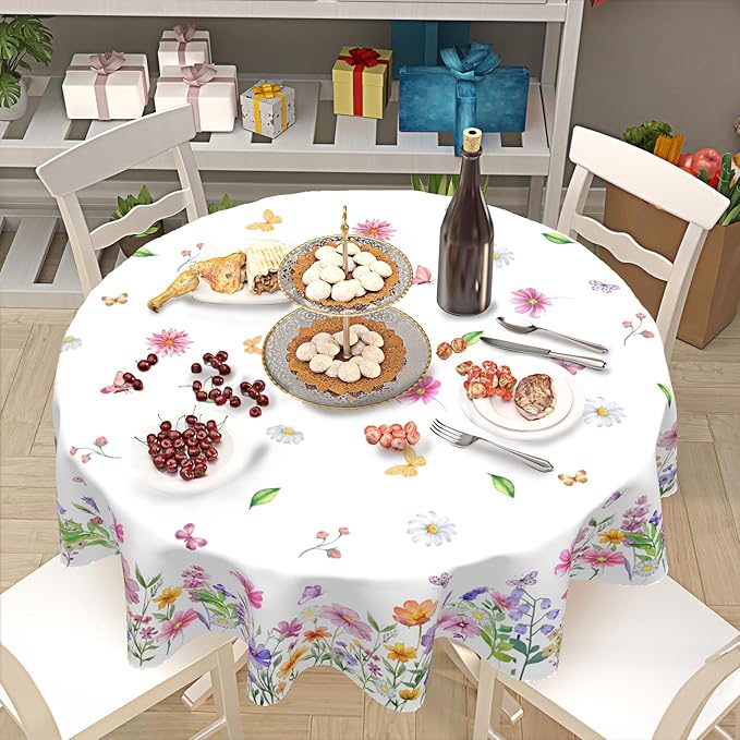 Pink Floral Tablecloth Round 70 Inch Spring Yellow and Pink Wildflower Outdoor Table Cloth Farmhouse Butterfly Flower Table Cover for Kitchen Dinner Room Holiday Party Indoor Outdoor Home Decor