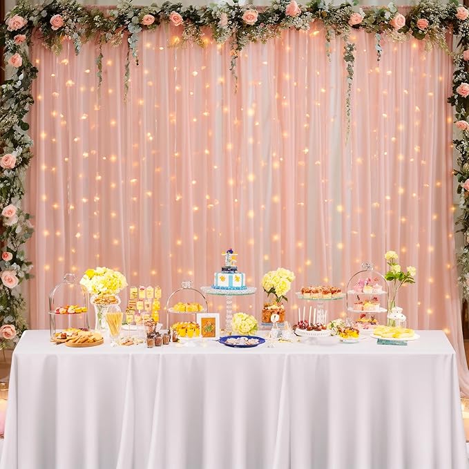 10x10ft Peach Tulle Backdrop Curtain with Lights String for Parites, Sheer Photo Backdrop Curtains for Wedding Baby Shower Birthday Party Photo Shoot Background Decorations