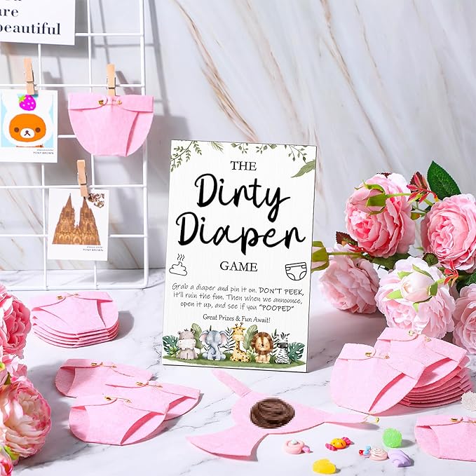 Roowest 51 Pcs Dirty Diaper Baby Shower Games Funny Wooden Sign with 50 Pcs Mini Diapers Cute Felt for Gender Reveal Party Baby Shower(Animals Pink)