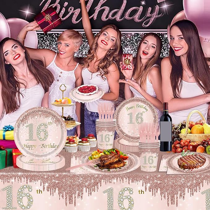 121Pcs 16th Birthday Party Supplies Plates Napkins Cups Forks Tablecloth Rose Gold Happy 16th Birthday Themed Disposable Tableware Decorations Serves 24 Guests for Girls 16 Years