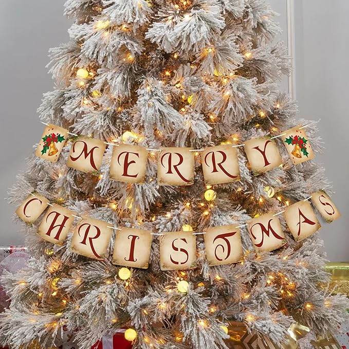 Vintage Merry Christmas Banner Decorations - Retro Nostalgic Traditional Old Fashioned Victorian Xmas Bunting Garland for Indoor/Outdoor Party Supplies, Home, Office, Classroom, Fireplace and More
