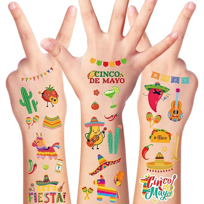 12 Sheets Fiesta Temporary Tattoos, Cinco De Mayo Stickers with Taco Pinata Cactus for Adults, Mexican Fake Tattoos for Cinco De Mayo Party Favors Supplies Accessories