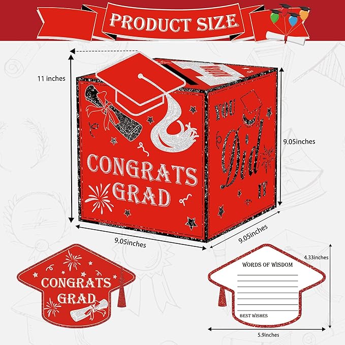 AYGXU graduation card box Holder 2026 with 30pcs graduation cards,Graduation party Decorations,graduation box for gifts and Cards,graduation money box,Graduation Party favors Supplies-red box