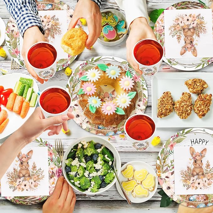 100Pcs Easter Party Decorations, Easter Tableware Set Serve 25 Guests 9" Dinner Plates 7" Dessert Plates 9OZ Paper Cups Napkins, Disposable Dinnerware Set, Paper Plate Bunny Egg Party Supplies