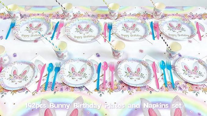 MEHOFOND 192pcs Bunny Birthday Decorations Easter Plates and Napkins set Rainbow Bunny Birthday Party Supplies Spring Easter Plates Bunny Party Dinnerware Tableware