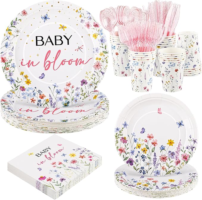 Kochorie 175 Pieces Wildflower Spring Floral Party Supplies Baby in Bloom Tableware Set 7 Inch & 9 Inch Paper Plates Napkins Cups Cutlery for Spring Picnic Baby Shower Decoration, Serve 25 Guests