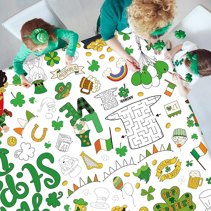 QZYL 54" x 108" Coloring St Patricks Day Crafts, Giant Coloring Table Cloth for Kids, Painting Poster Art Activities Banner Disposable St Patrick's Day Crafts for Home Classroom St Paddys Decorations