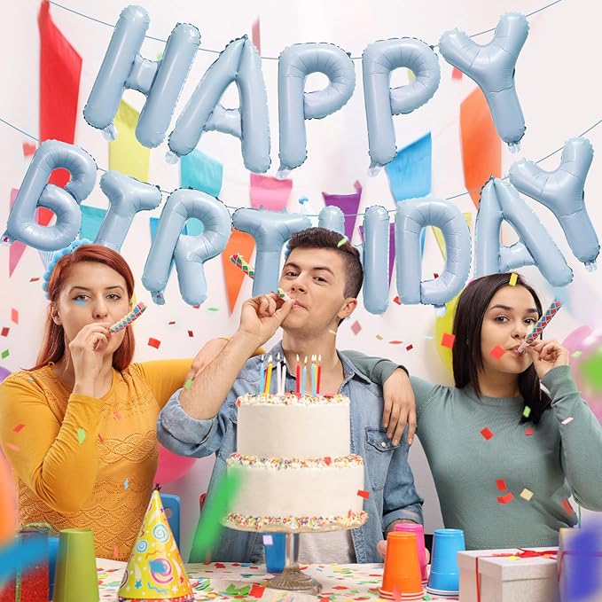 KALOR Pastel Blue Happy Birthday Balloons Banner, 16 Inch Mylar Foil Letters Balloon Sign for Birthday Party Decorations Photo Booth Backdrop