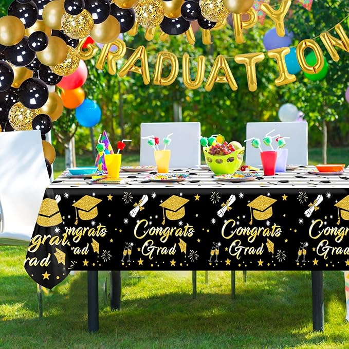 Graduation Tablecloth Party Decorations 2026, 3 Pack Thick Black and Gold 54"x108" Congrats Grad Disposable Table Covers Plastic Cloth Tablecover for College High School Class of 2026 Party Supplies