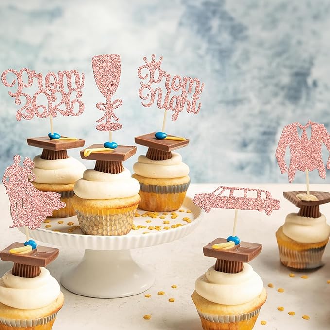 Gyufise 24Pcs Prom Cupcake Topper Prom Decorations for Prom Graduation Cupcake Topper 2026 Graduation Decorations Class of 2026 College Graduation Decorations Rose Gold