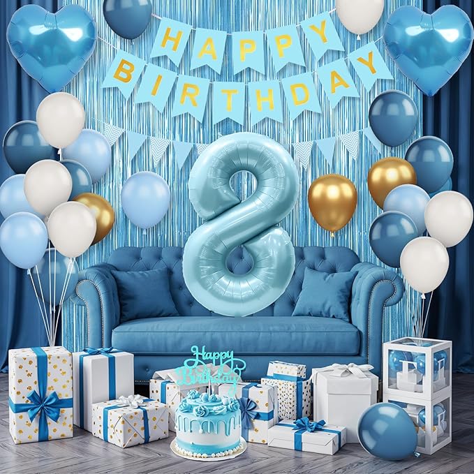 8th Birthday Decorations Blue White Gold,8th Birthday Balloons with Happy Birthday Banner Fringe Curtain Heart Foil Balloons for Boys Girls 8 Year Old Birthday Decor
