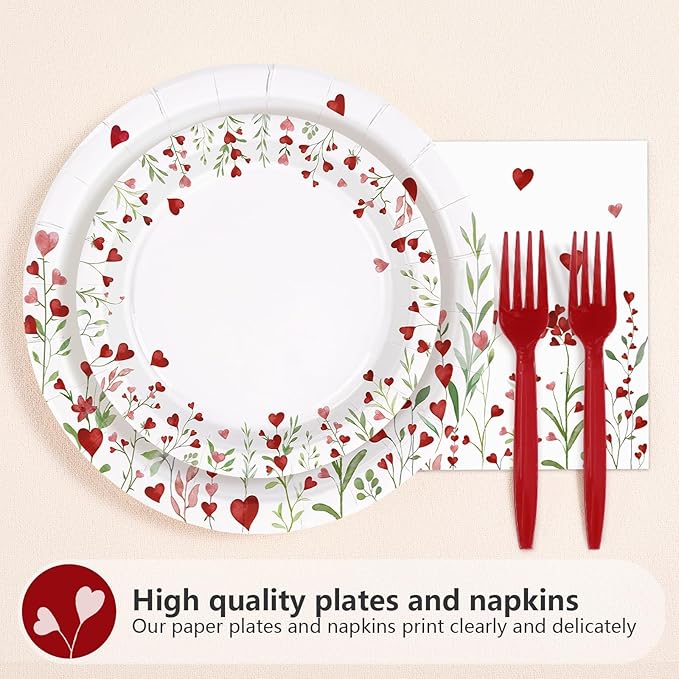 96 Pcs Floral Decorations Disposable Love Heart Flowers Paper Plates and Napkins Watercolor Lovely Flowers Tableware Set for Spring Anniversary Wedding Supplies, Serves 24