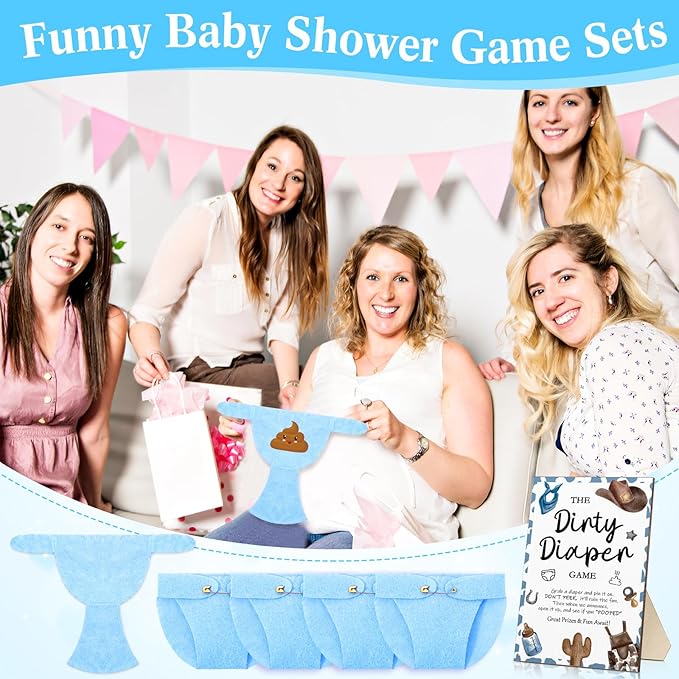 Roowest 51 Pcs Dirty Diaper Baby Shower Games Funny Wooden Sign with 50 Pcs Mini Diapers Cute Felt for Gender Reveal Party Baby Shower (Blue Cowboy)
