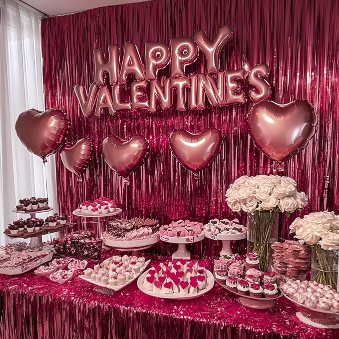 PartyWoo Foil Fringe Curtains, 2 pcs 3.3x6.6 ft Burgundy Red Streamers, Fringe Backdrop, Party Backdrop Curtain, Tinsel Curtains, Door Shimmer, Streamers Party Decorations for Birthday, Christmas