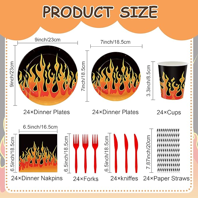168PCS Flame Racing Party Supplies for Kids Boys Fire Plates and Napkins for Birthday Party Decorations Motorcycle Themed Baby Shower Paper Plates Tableware 24 Guests