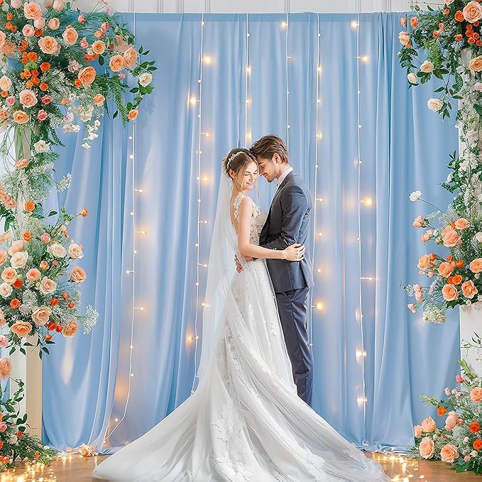 10 x 10ft Baby Blue Polyester Backdrop Curtains with Lights String for Baby Shower, Wedding, Anniversary & More - 2 Pack (5 x 10ft Each) with 9.8ft USB Powered Curtain Lights & 12 Clips
