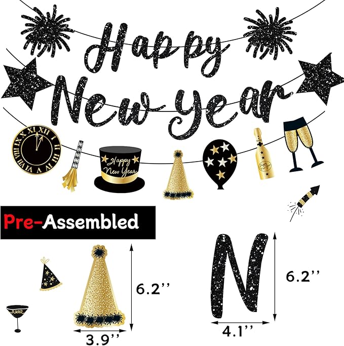 Happy New Year Banner Black New Years Decorations 2026 Glitter Pre-Strung New Year Eve Sign for NYE Party Supplies