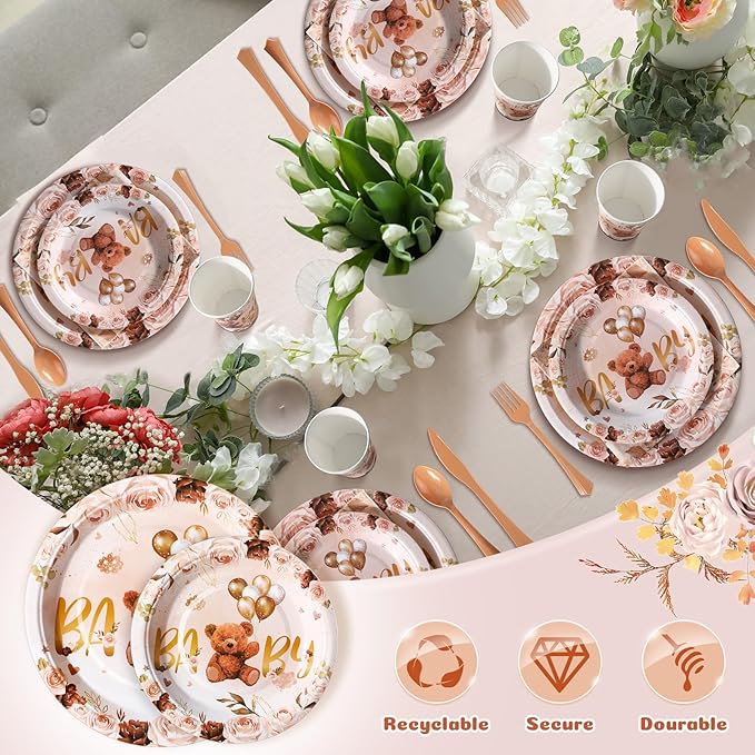 350 Pcs Brown Bear Baby Shower Paper Plates Napkins Cups Knives Forks Spoons for 50 Guests Disposable Bear Party Tableware for Birthday Baby Shower