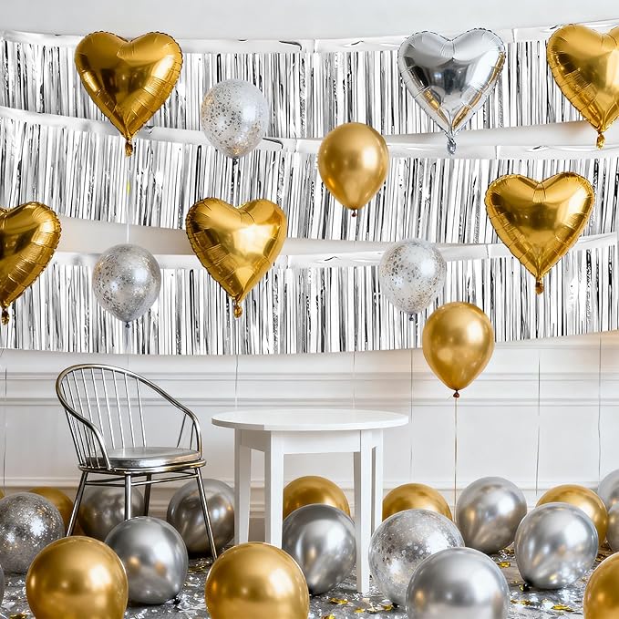4 Packs Foil Fringe Garland Tinsel Streamers Shiny Wall Hanging Birthday Banner Backdrop for Graduation Wedding Anniversary Celebration Happy Birthday Party Decorations Silver