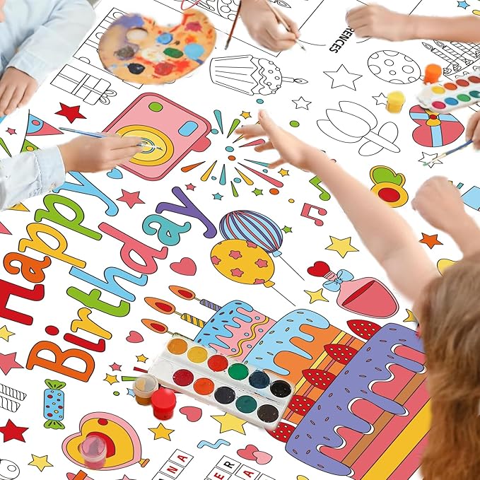 30x72 Inches Happy Birthday Giant Coloring Poster, Drawing Paper Coloring Tablecloth, Birthday Activity Poster/Table Cover, Party and Special Events Decoration, Party Games for Kids
