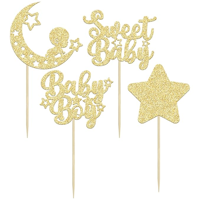 Gyufise 24Pcs Gold Baby Shower Boy Cupcake Toppers Glitter Star Moon Sweet Baby Cake Decorations Baby Boy Cupcake Picks for Baby Shower Boys Birthday Party Decorations Supplies