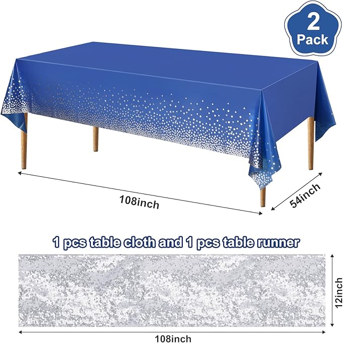 Irenare Tablecloth and Sequin Table Runner Set Polka Dots Confetti Table Cover Dining Plastic Tablecloths Glitter Decorations for Birthday Wedding Anniversary Party Supplies(Blue, Silver,2 Pcs)