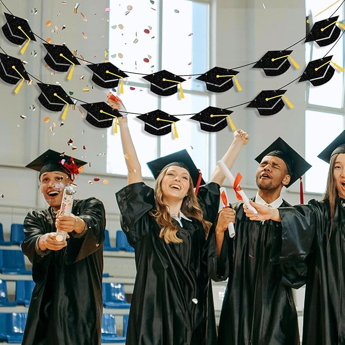 Graduation Decorations Class of 2026 Black Grad Banner Glitter Pre-strung Graduation Cap Banner for 2026 Congrats Grad Decor Party Supplies