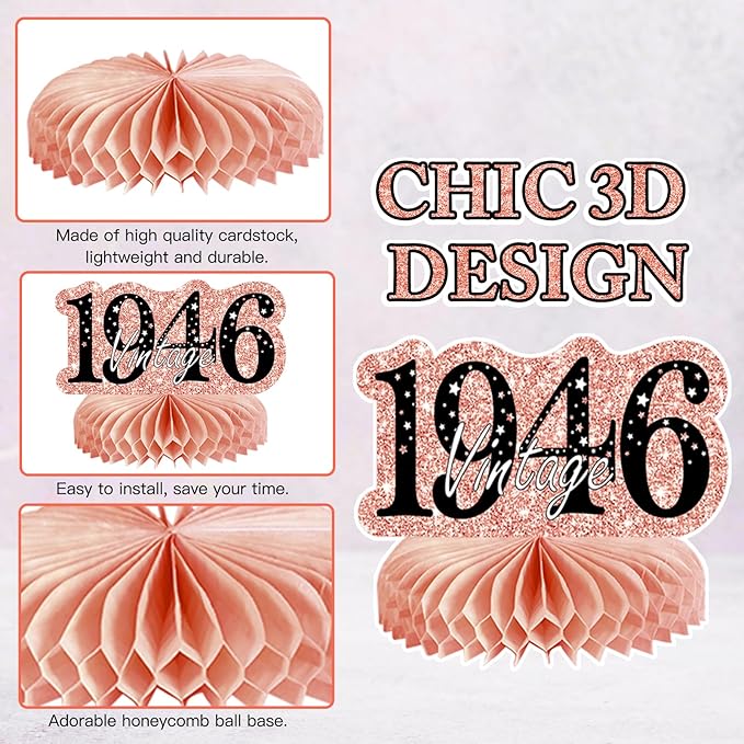 9Pcs 80th Birthday Decorations Honeycomb Centerpieces for Women, Rose Gold Happy 80th Birthday Centerpieces Tables Toppers Party Decorations Supplies, Vintage 1946 Aged Table Sign Decor